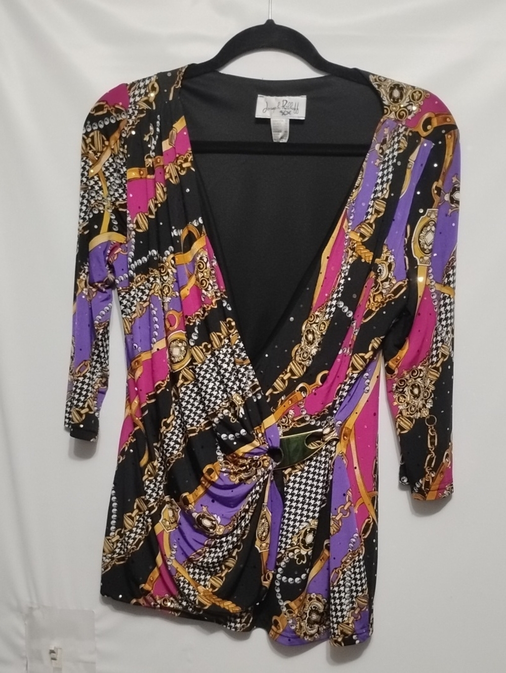 Joseph Ribkoff Multicolor Wrap Blouse in Black, Pink & Purple with Gold Chain